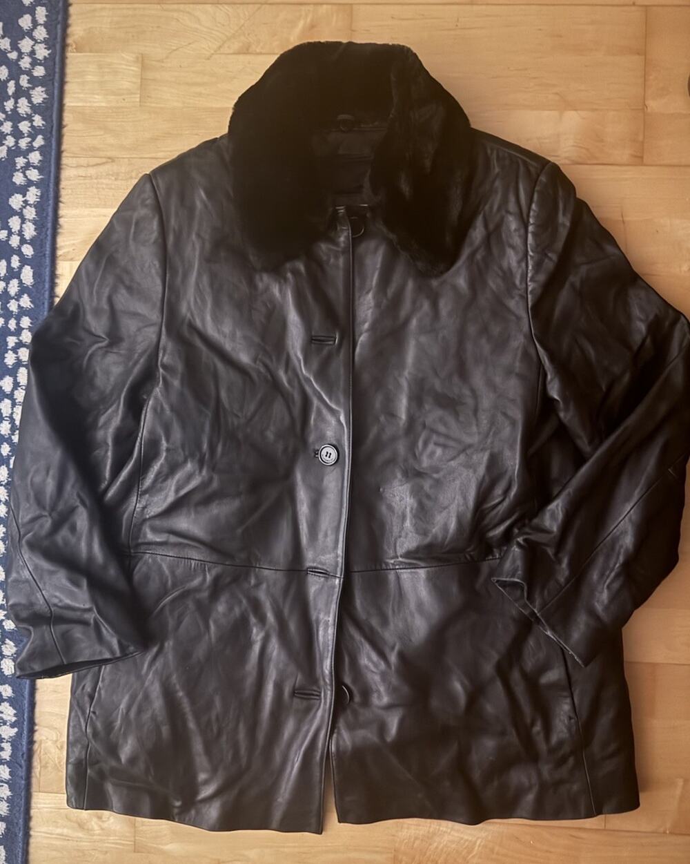 Liz Claiborne Black Leather Button Up Jacket Coat Removable Fur Collar Lining XL